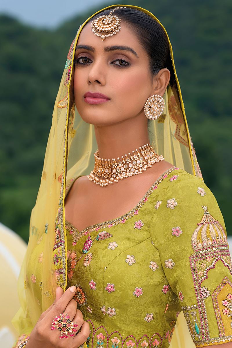 Monjolika Fashion Designer Silk Multi Color Bridal Wear Khatli Work Readymade Lehenga Choli