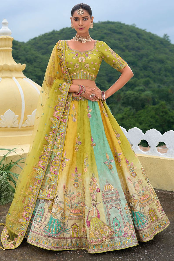 Monjolika Fashion Designer Silk Multi Color Bridal Wear Khatli Work Readymade Lehenga Choli