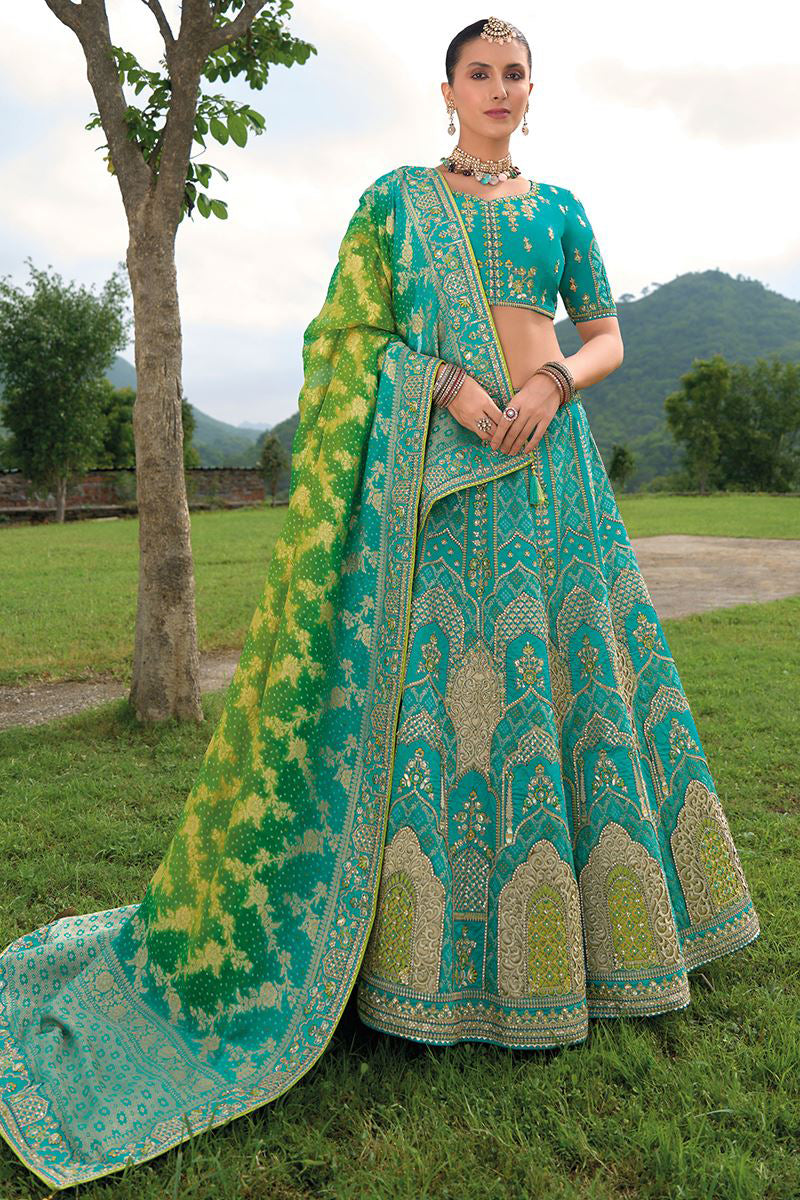 Monjolika Fashion Designer Silk Turquoise Color Bridal Wear Khatli Work Readymade Lehenga Choli