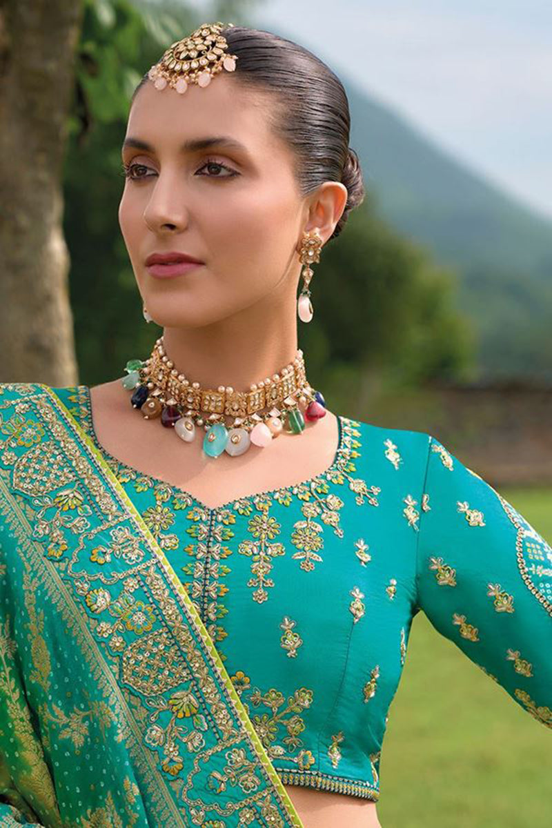 Monjolika Fashion Designer Silk Turquoise Color Bridal Wear Khatli Work Readymade Lehenga Choli