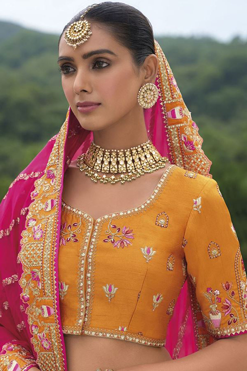Monjolika Fashion Designer Silk Orange Color Bridal Wear Khatli Work Readymade Lehenga Choli - Distacart