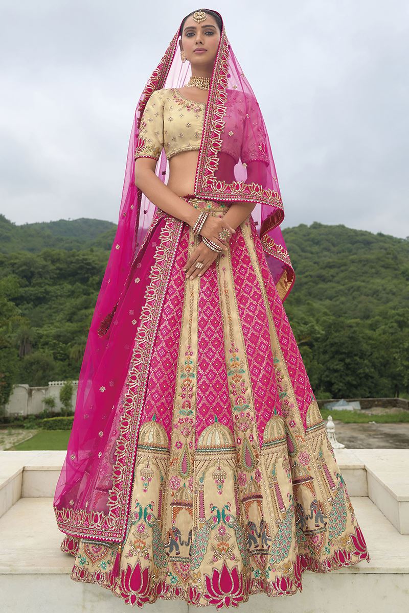 Monjolika Fashion Designer Silk Rani Pink and Cream Color Bridal Wear Khatli Work Readymade Lehenga Choli