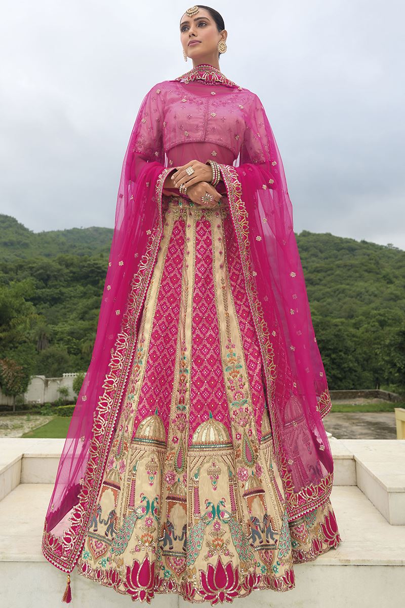 Monjolika Fashion Designer Silk Rani Pink and Cream Color Bridal Wear Khatli Work Readymade Lehenga Choli