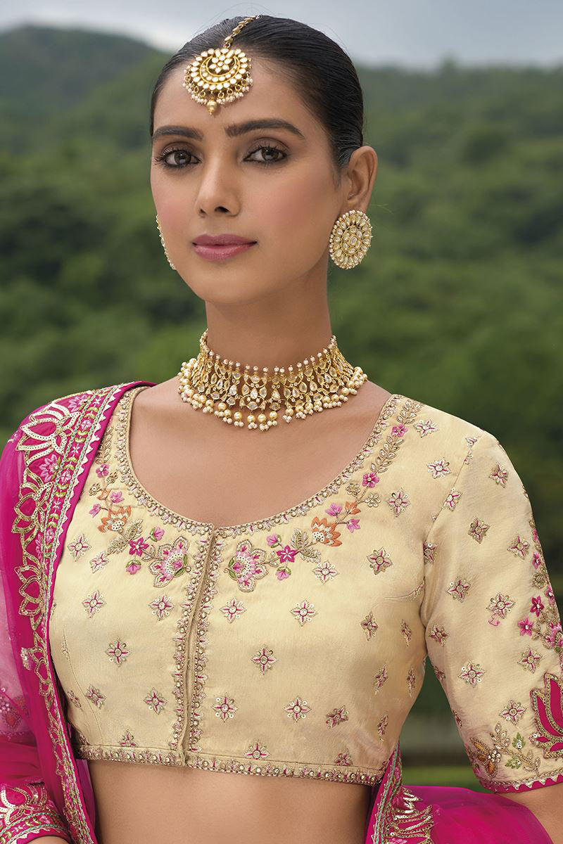 Monjolika Fashion Designer Silk Rani Pink and Cream Color Bridal Wear Khatli Work Readymade Lehenga Choli