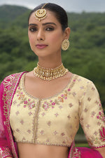 Thumbnail for Monjolika Fashion Designer Silk Rani Pink and Cream Color Bridal Wear Khatli Work Readymade Lehenga Choli