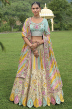 Thumbnail for Monjolika Fashion Designer Silk Cream And Sky Blue Color Bridal Wear Khatli Work Readymade Lehenga Choli