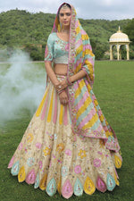 Thumbnail for Monjolika Fashion Designer Silk Cream And Sky Blue Color Bridal Wear Khatli Work Readymade Lehenga Choli