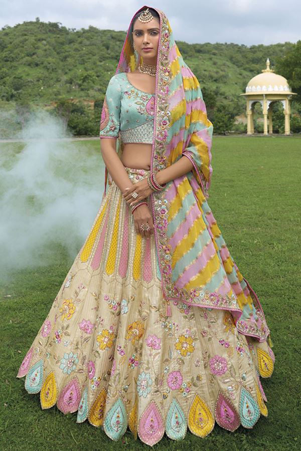 Monjolika Fashion Designer Silk Cream And Sky Blue Color Bridal Wear Khatli Work Readymade Lehenga Choli