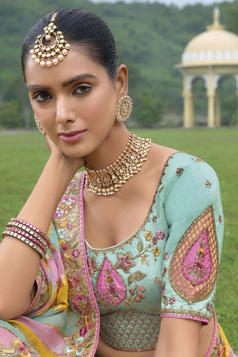 Monjolika Fashion Designer Silk Cream And Sky Blue Color Bridal Wear Khatli Work Readymade Lehenga Choli