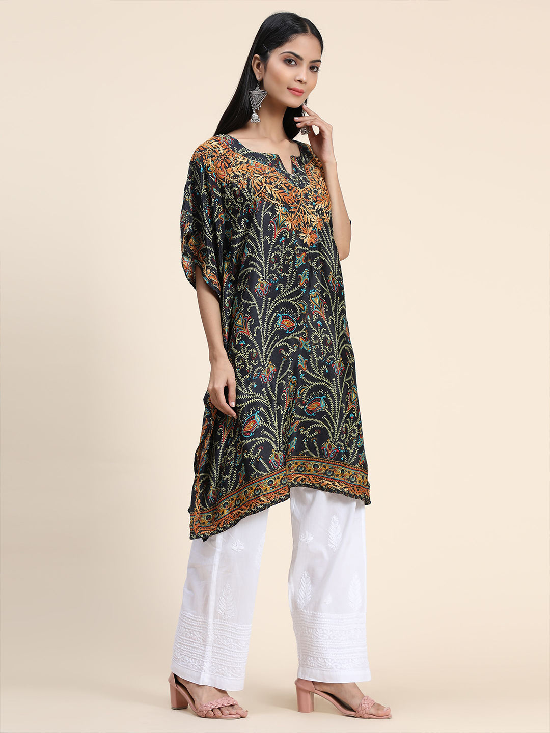 HOUSE OF KARI Ethnic Motifs Printed Chikankari Embroidery Cotton Kaftan Kurta - Distacart