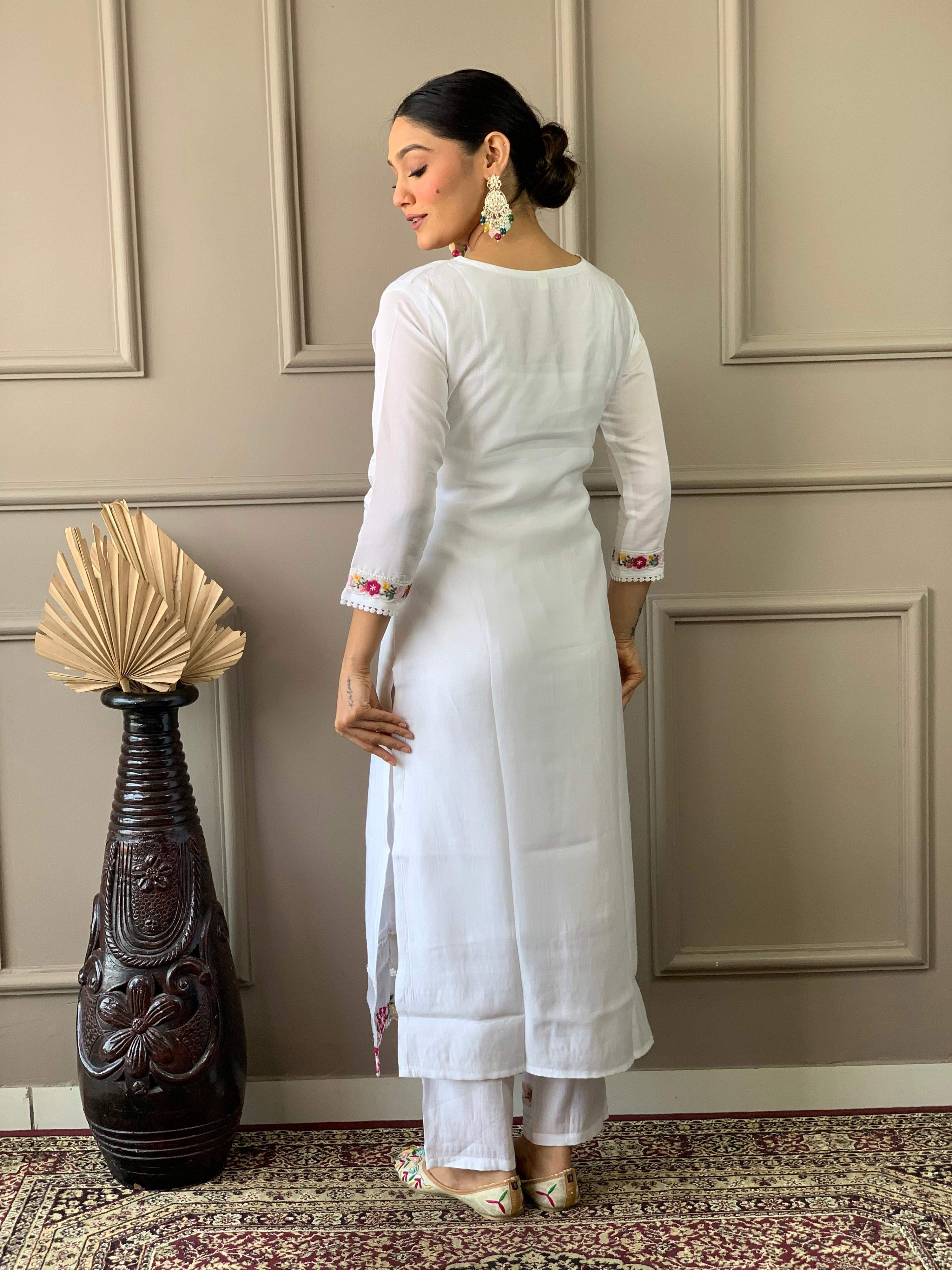 The52 White Woven Embroidered Chanderi Fabric Straight Kurta, Pant and Dupatta Set