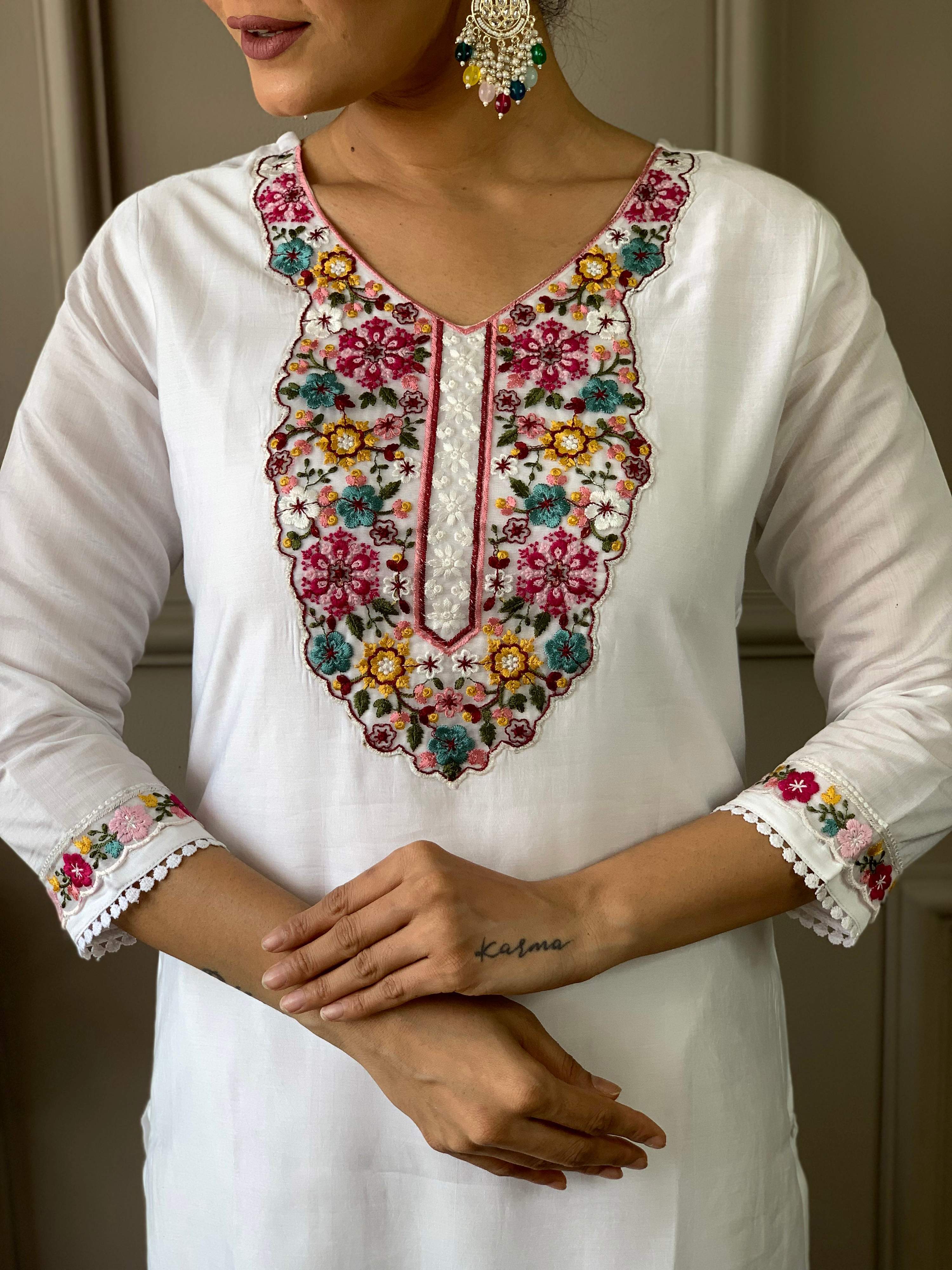 The52 White Woven Embroidered Chanderi Fabric Straight Kurta, Pant and Dupatta Set