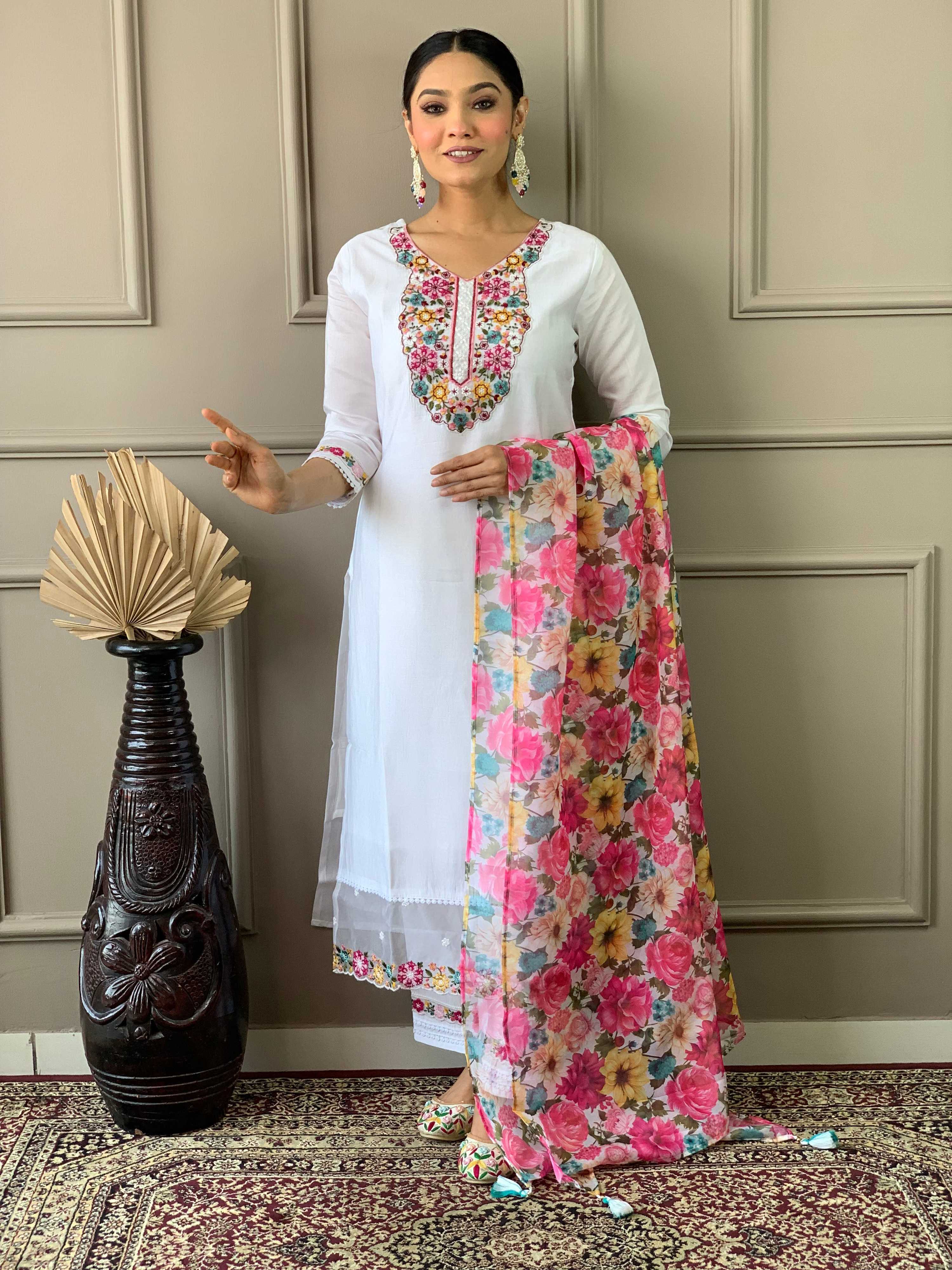 The52 White Woven Embroidered Chanderi Fabric Straight Kurta, Pant and Dupatta Set