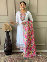 Thumbnail for The52 White Woven Embroidered Chanderi Fabric Straight Kurta, Pant and Dupatta Set