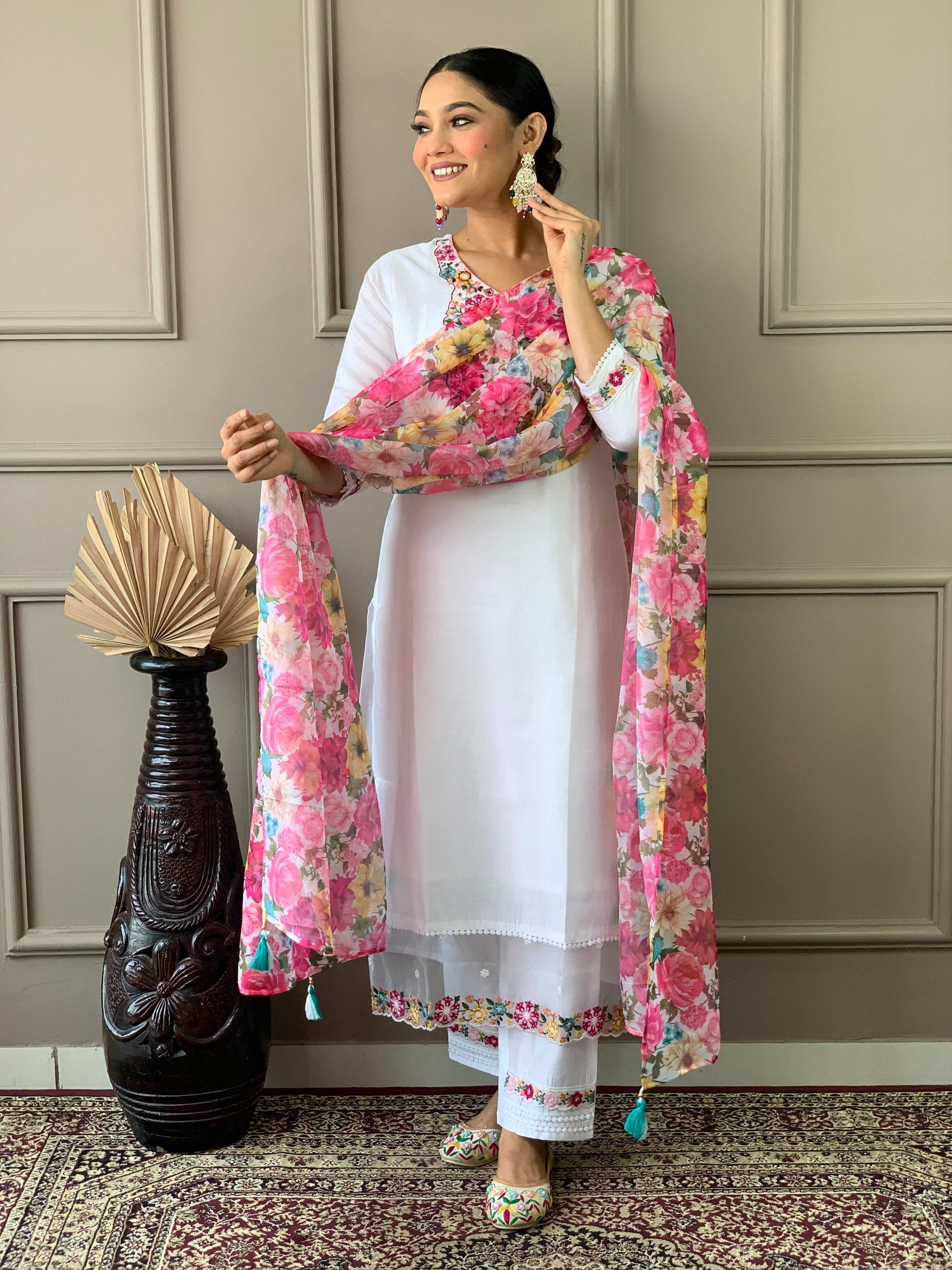 The52 White Woven Embroidered Chanderi Fabric Straight Kurta, Pant and Dupatta Set