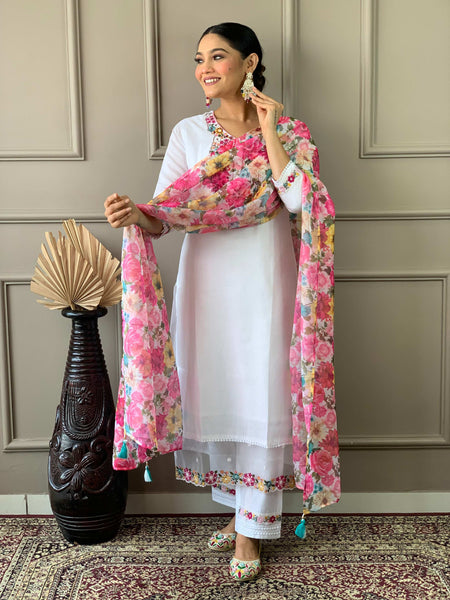 The52 White Woven Embroidered Chanderi Fabric Straight Kurta, Pant and Dupatta Set