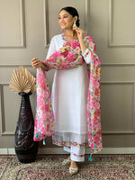 Thumbnail for The52 White Woven Embroidered Chanderi Fabric Straight Kurta, Pant and Dupatta Set