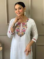 Thumbnail for The52 White Woven Embroidered Chanderi Fabric Straight Kurta, Pant and Dupatta Set