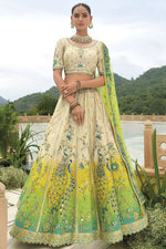 Thumbnail for Monjolika Fashion Designer Silk Cream and Green Color Bridal Wear Khatli Work Readymade Lehenga Choli