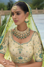 Thumbnail for Monjolika Fashion Designer Silk Cream and Green Color Bridal Wear Khatli Work Readymade Lehenga Choli
