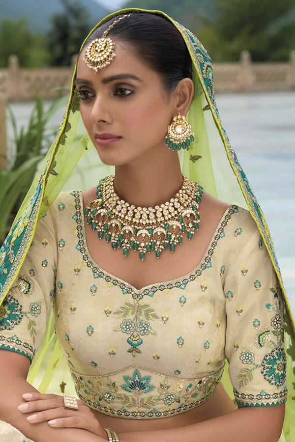 Monjolika Fashion Designer Silk Cream and Green Color Bridal Wear Khatli Work Readymade Lehenga Choli