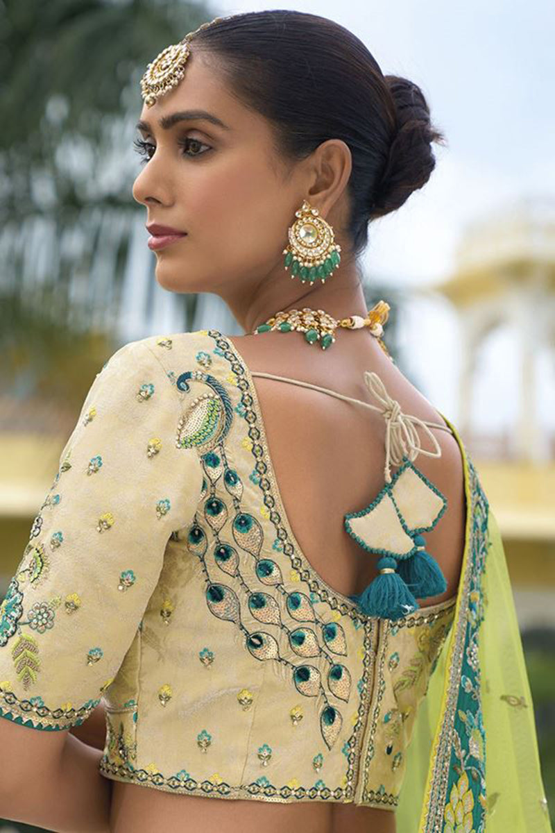 Monjolika Fashion Designer Silk Cream and Green Color Bridal Wear Khatli Work Readymade Lehenga Choli