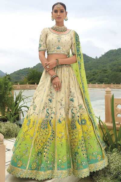 Monjolika Fashion Designer Silk Cream and Green Color Bridal Wear Khatli Work Readymade Lehenga Choli