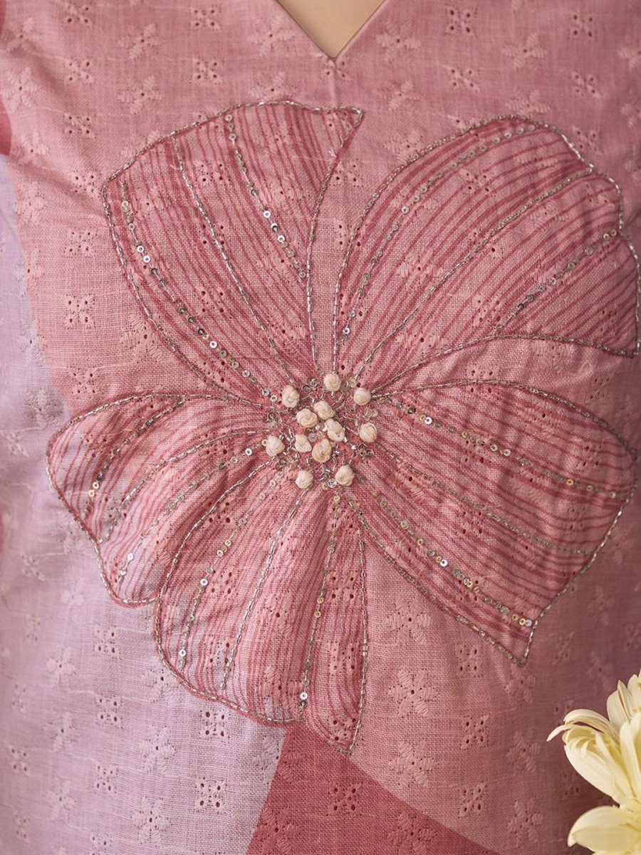 Anouk Mauve Ethnic Motifs Embroidered Beads & Stones Linen Kurta with Trousers & Dupatta - Distacart