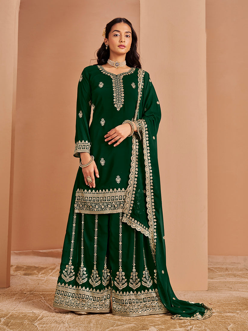 Monjolika Fashion Green Color Embroidered Santoon Georgette Salwar Suit