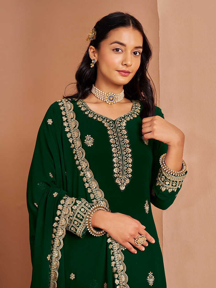 Monjolika Fashion Green Color Embroidered Santoon Georgette Salwar Suit