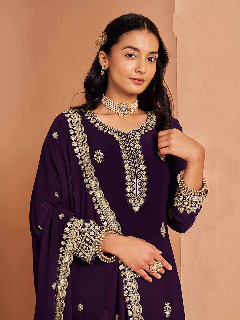 Monjolika Fashion Purple Color Embroidered Santoon Georgette Salwar Suit