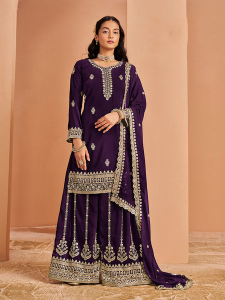 Monjolika Fashion Purple Color Embroidered Santoon Georgette Salwar Suit