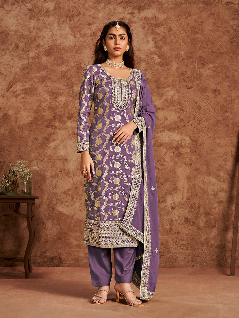 Monjolika Fashion Lavender Color Embroidered Santoon Silk Salwar Suit