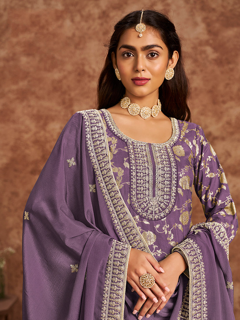 Monjolika Fashion Lavender Color Embroidered Santoon Silk Salwar Suit
