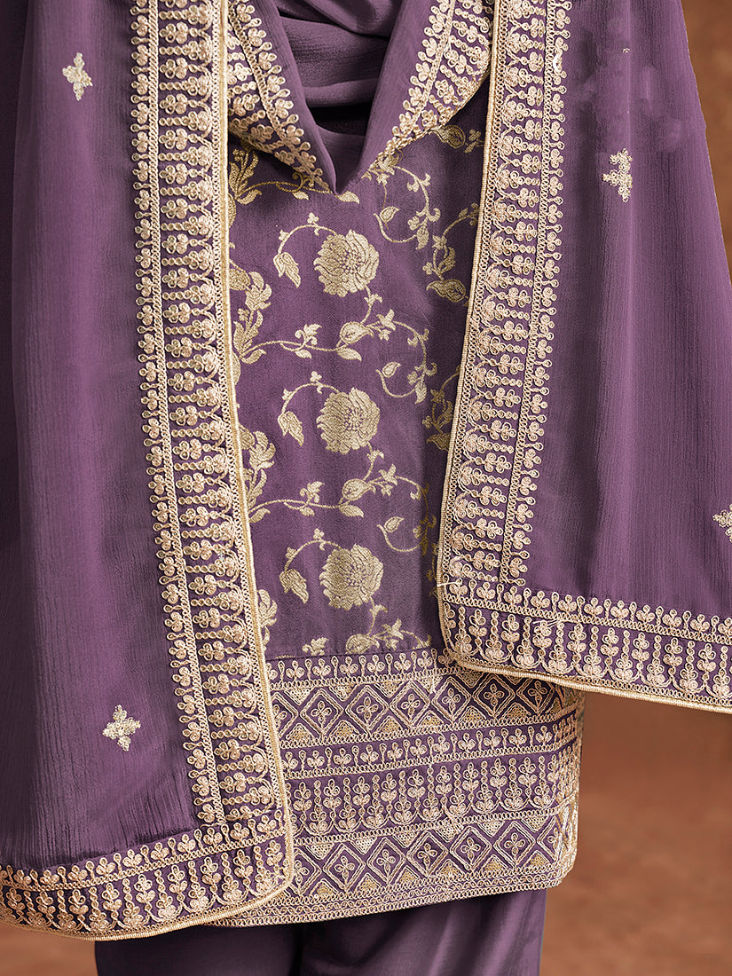 Monjolika Fashion Lavender Color Embroidered Santoon Silk Salwar Suit