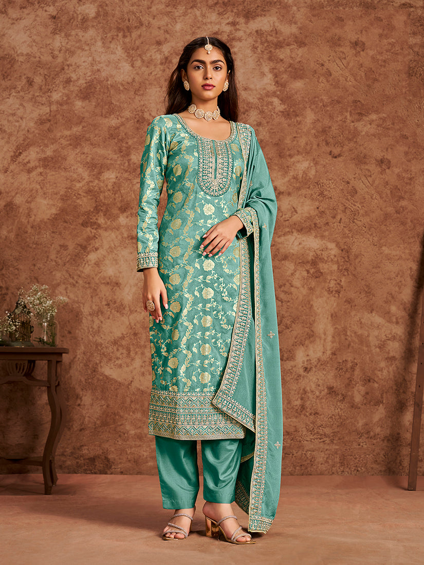 Monjolika Fashion Turquoise Color Embroidered Santoon Silk Salwar Suit - Distacart
