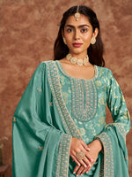Thumbnail for Monjolika Fashion Turquoise Color Embroidered Santoon Silk Salwar Suit