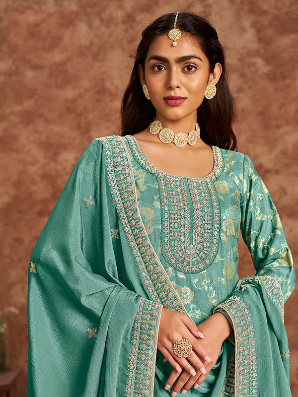 Monjolika Fashion Turquoise Color Embroidered Santoon Silk Salwar Suit