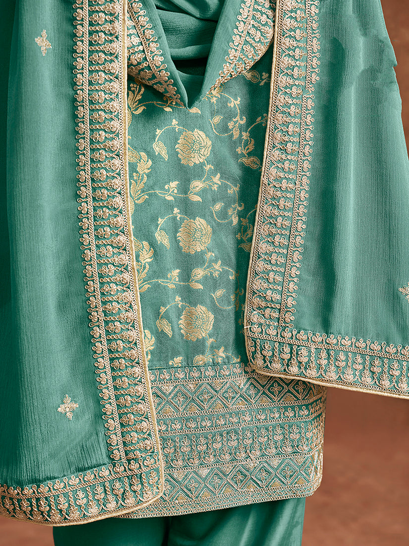 Monjolika Fashion Turquoise Color Embroidered Santoon Silk Salwar Suit
