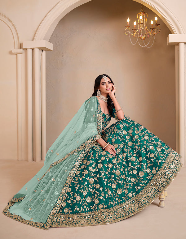 Monjolika Fashion Teal Embroidered Art Silk Designer Lehenga Choli
