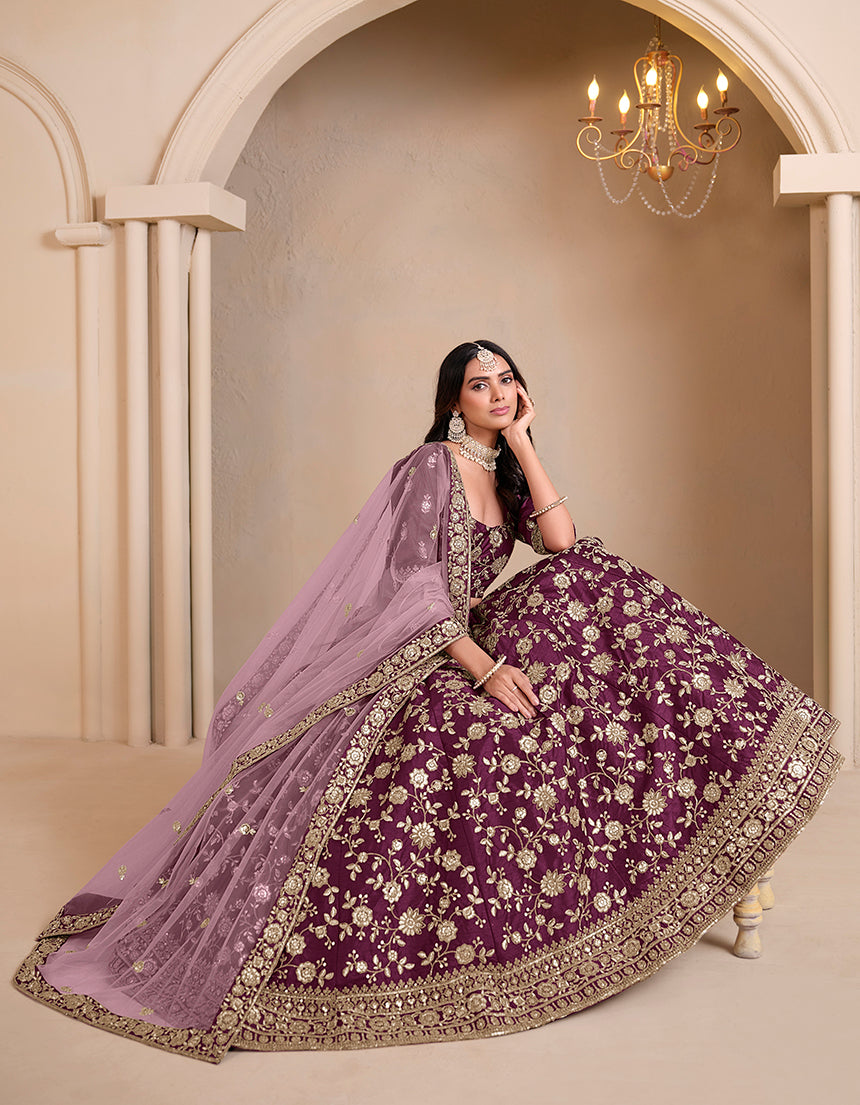 Monjolika Fashion Wine Embroidered Art Silk Designer Lehenga Choli