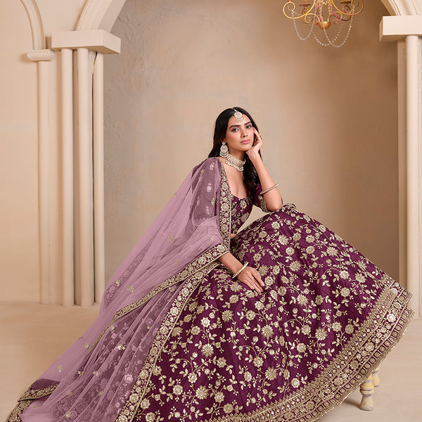 Monjolika Fashion Wine Embroidered Art Silk Designer Lehenga Choli - Distacart
