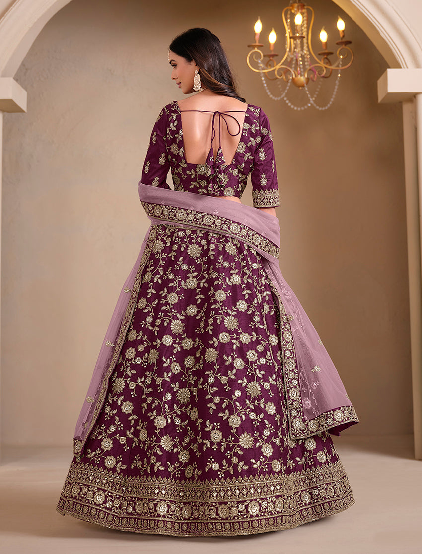 Monjolika Fashion Wine Embroidered Art Silk Designer Lehenga Choli