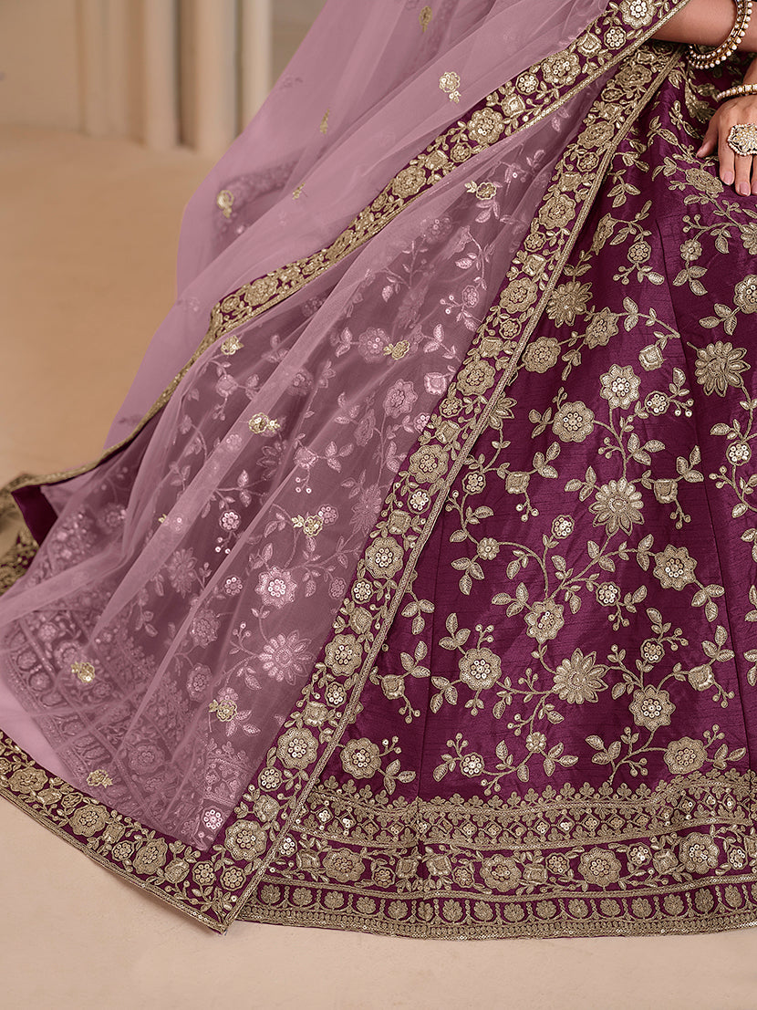 Monjolika Fashion Wine Embroidered Art Silk Designer Lehenga Choli
