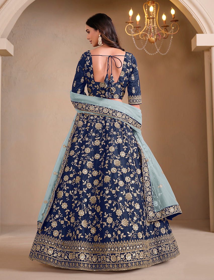 Monjolika Fashion Navy Blue Embroidered Art Silk Designer Lehenga Choli - Distacart