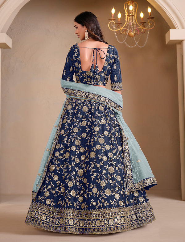 Monjolika Fashion Navy Blue Embroidered Art Silk Designer Lehenga Choli