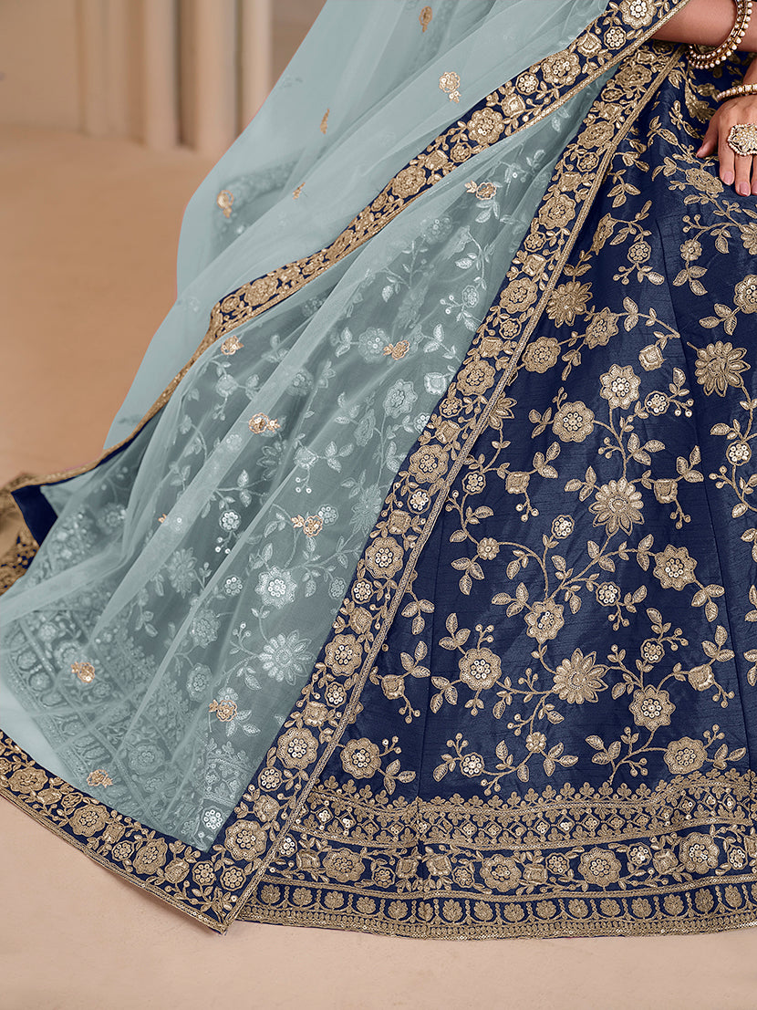 Monjolika Fashion Navy Blue Embroidered Art Silk Designer Lehenga Choli