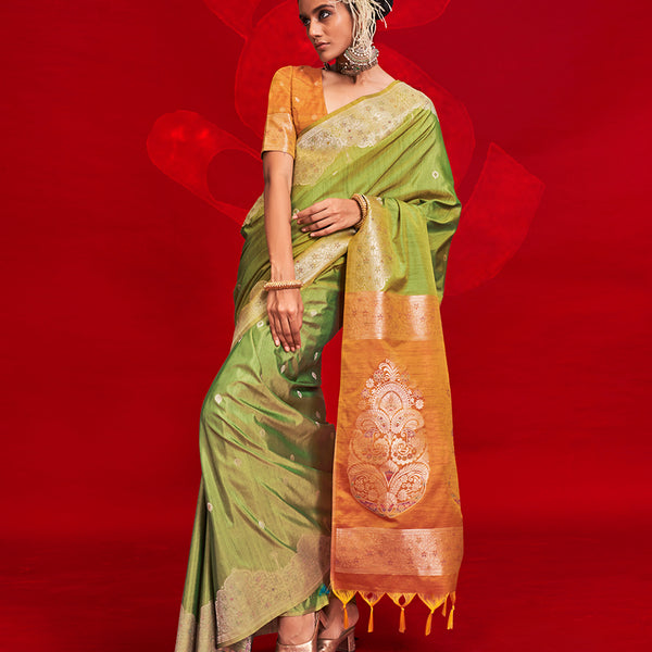 Monjolika Fashion Green Color Weaving Silk Traditional Saree For Classic Look - Distacart