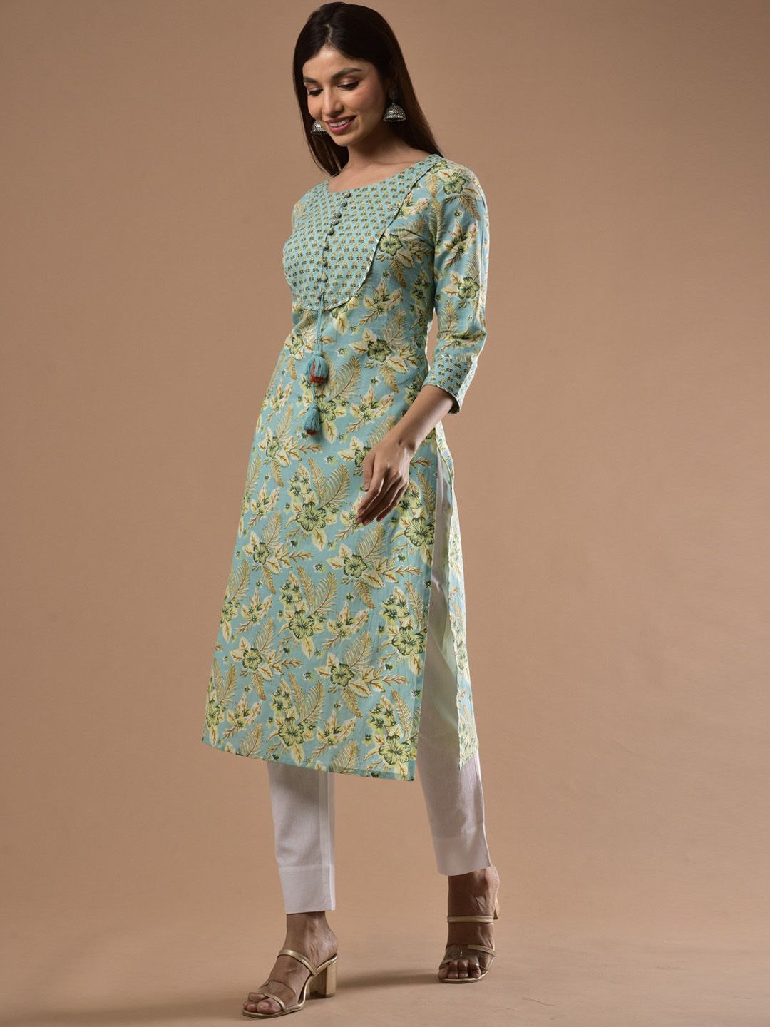 Swasti Women Green Floral Printed Flared Sleeves Mirror Work Floral Kurta - Distacart