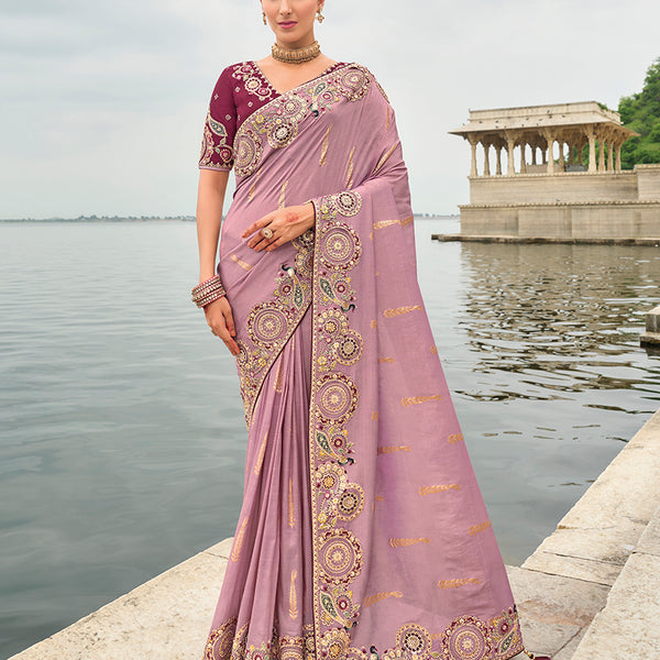 Monjolika Fashion Mauve Viscose Tissue Silk Saree With Embroidery & Cutwork Border
